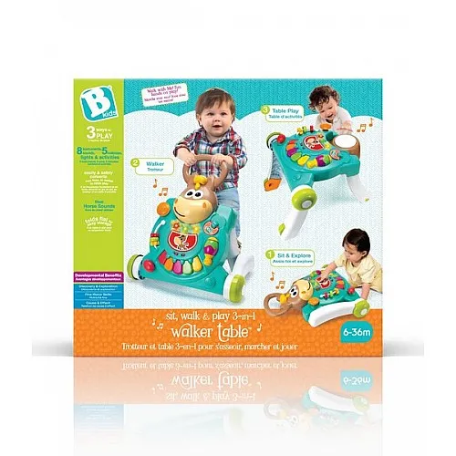 Интерактивна играчка, Infantino, B Kids, 3 в 1 Проходилка и маса конче, Синя