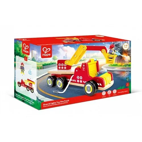 Детски дървен комплект, Hape, Пожарна кола със сирена и светлини, 3 части