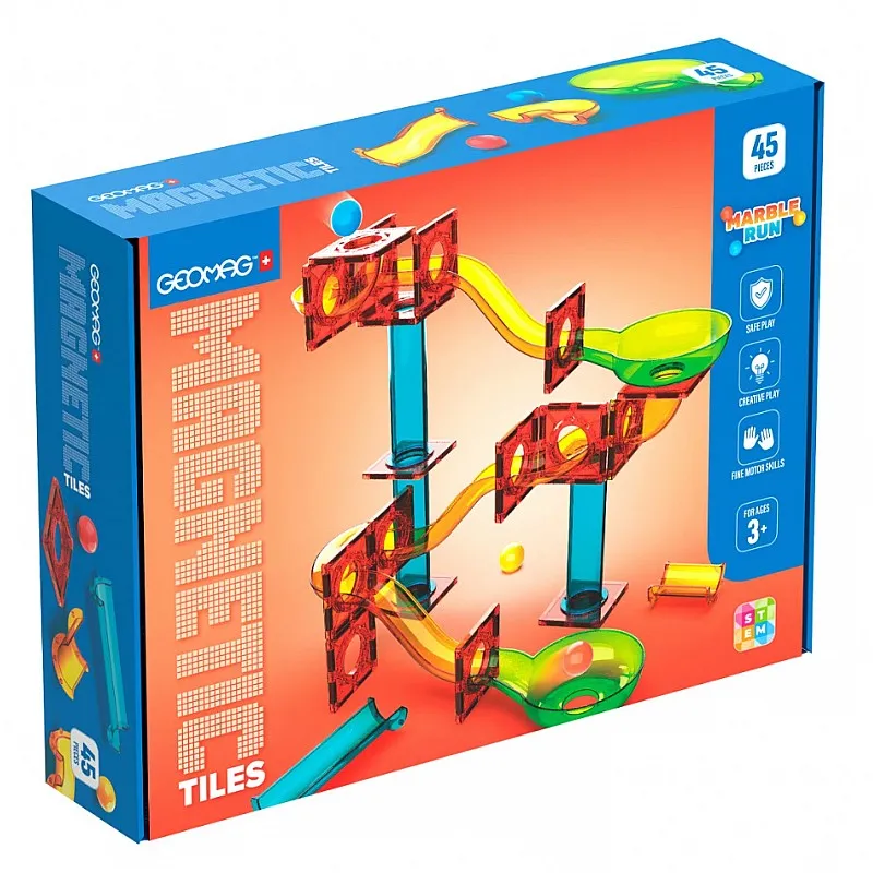 Магнитен конструктор, Geomag, Разноцветни плочки, Писта с топчета , 45 части