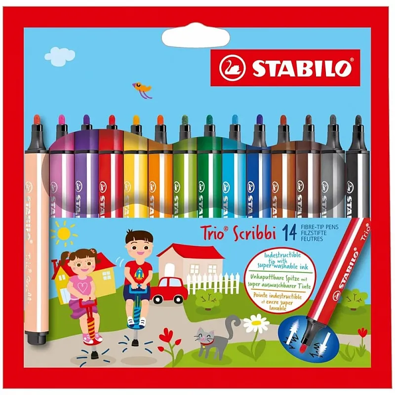 Комплект флумастери, Stabilo, Trio Scribbi, 14 цвята
