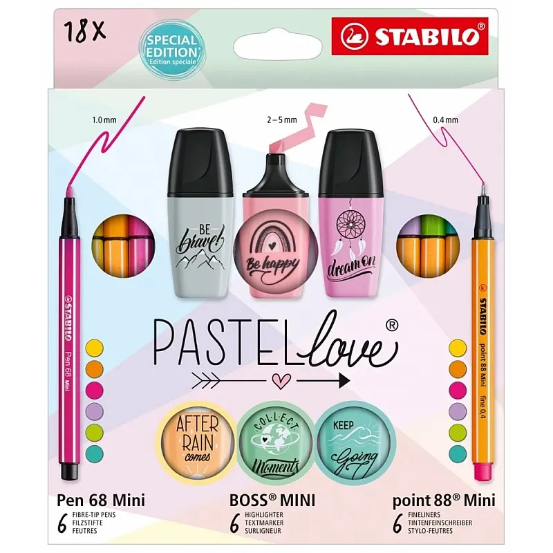 Комбиниран комплект, Stabilo, Pastellove, Pen 68 Mini, Boss Mini, Point 88 mini, 18 броя