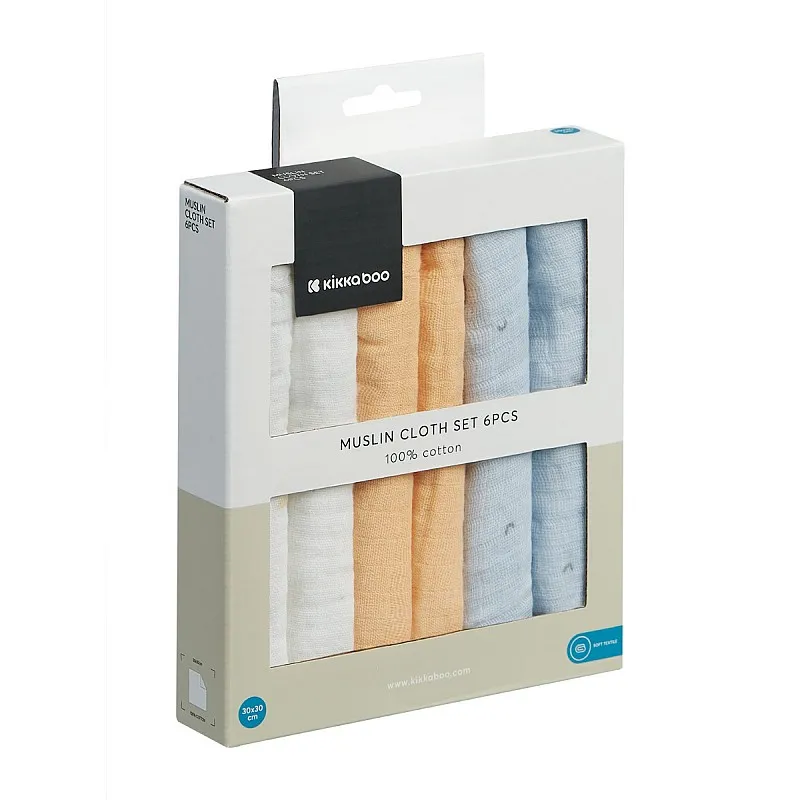 Kikkaboo Комплект 6 бр муселинови кърпички 30х30 см Stripy Friends