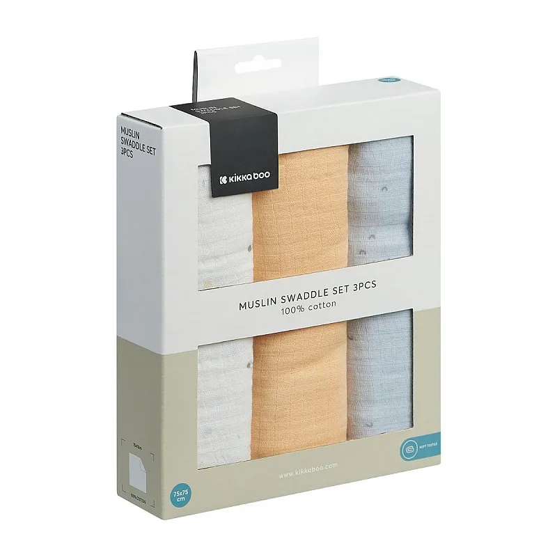 Kikkaboo Комплект 3 бр муселинови пелени 75х75 см Stripy Friends