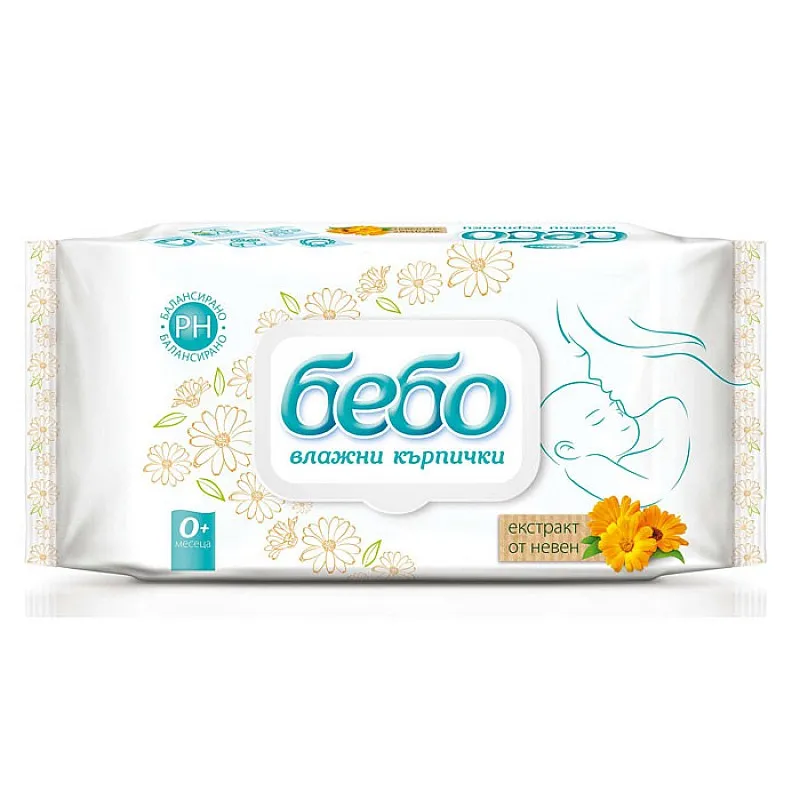 Бебо Влажни кърпички 64бр. капак, с екстракт от Невен