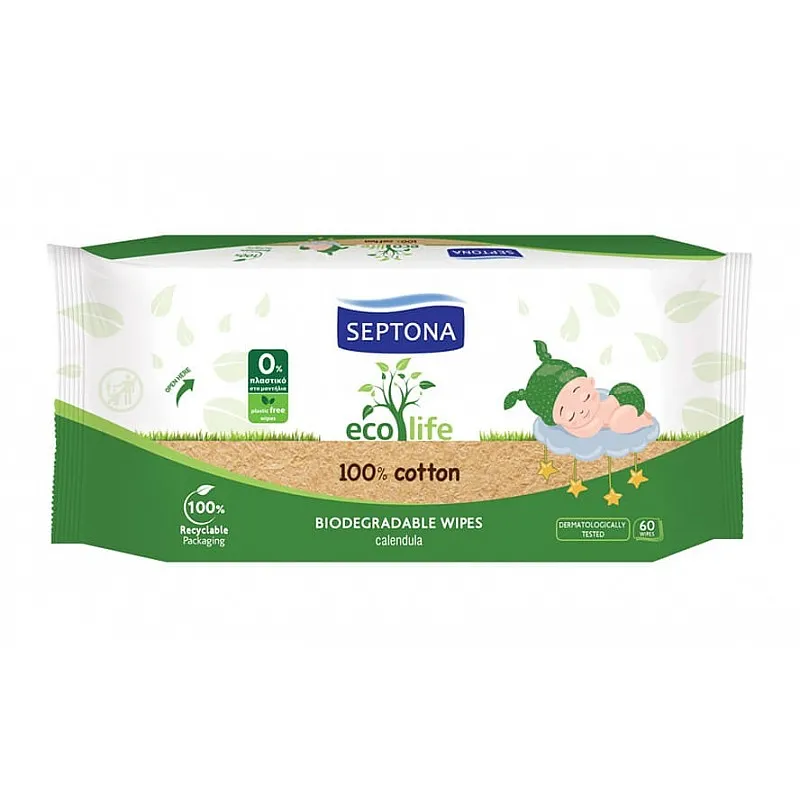 Septona baby Биоразградими мокри кърпи от органичен памук 60бр.