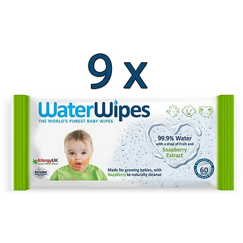 WaterWipes Влажни кърпи (99,9% ВОДА) с екстракт от сапунено орехче 9х60бр.