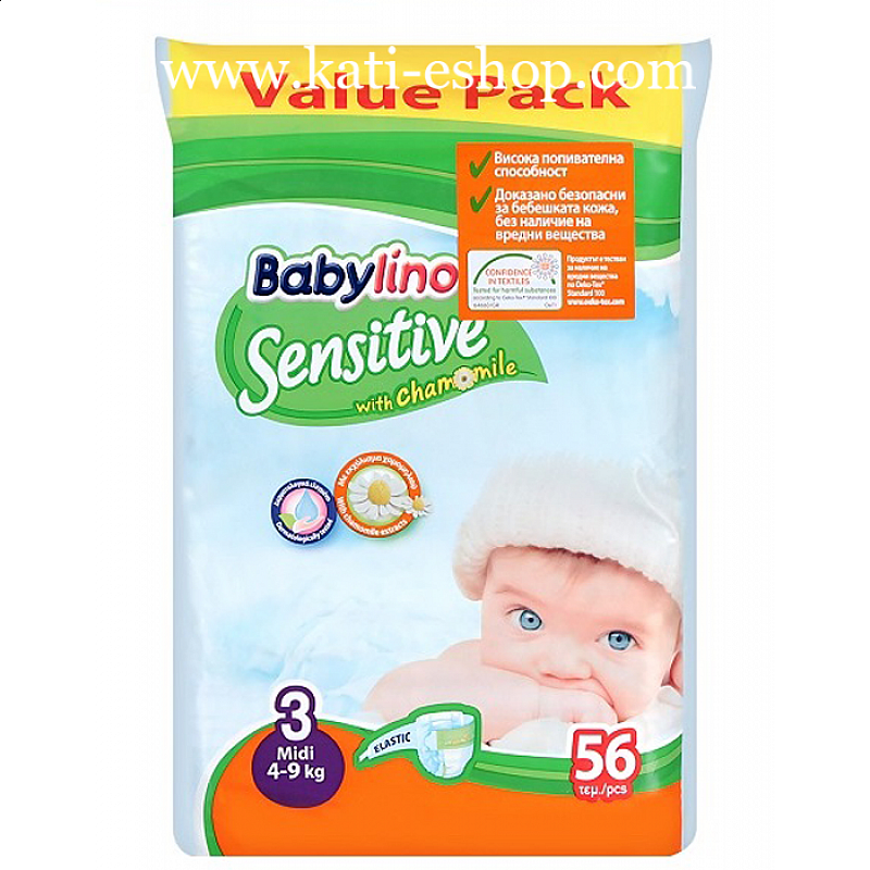 Babylino Sensitive Еднократни пелени Midi 3 4-9кг 56бр. Babylino Sensitive Еднократни пелени Midi 3 4-9кг 56бр.
