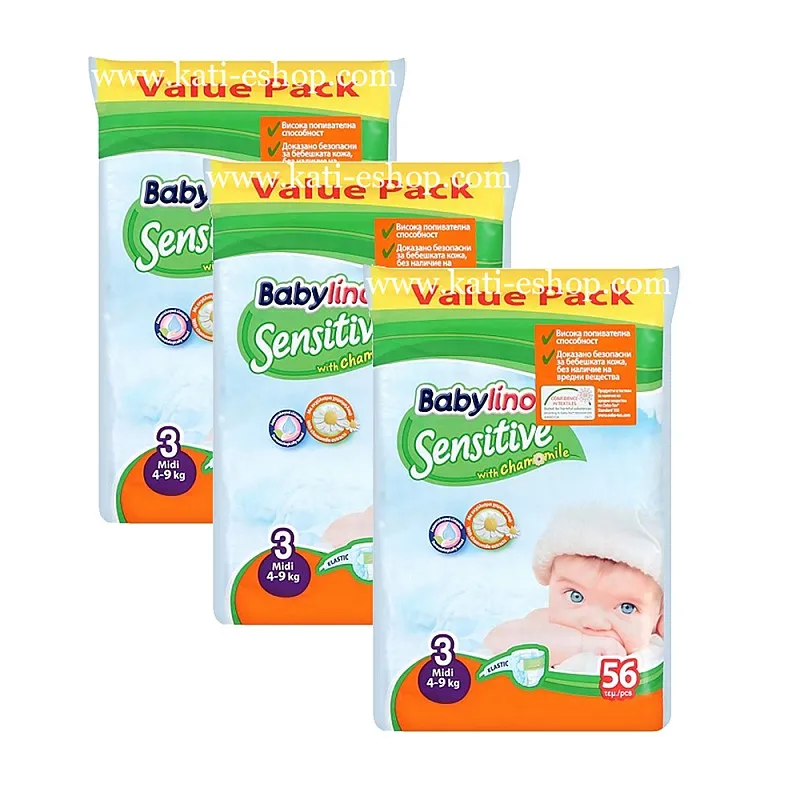 Babylino Sensitive Еднократни пелени Midi 3 4-9кг 168бр.