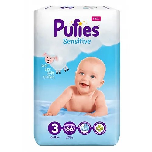 Pufies Sensitive 3 Midi 6-10кг 66бр. + Подарък Еднократни пелени 4 9-14кг 20бр.