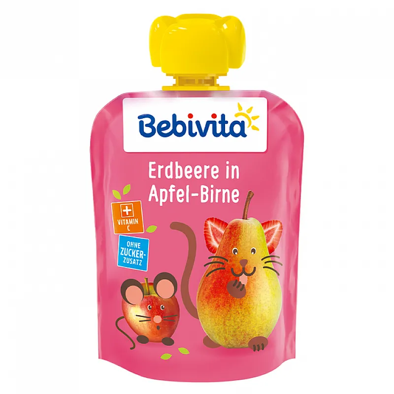 BEBIVITA Забавна плодова закуска Ябълка и круша с ягода 12м. 90г BEBIVITA Забавна плодова закуска Ябълка и круша с ягода 12м. 90г