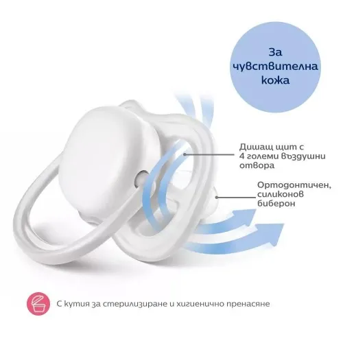 2 бр. ортодонтични залъгалки Philips AVENT SCF080/17 Ultra Air Happy 0-6м с декорация Ябълка и Круша в кутия за стерилизиране