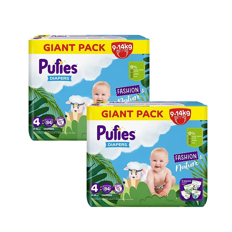 Pufies Пелени Fashion & Nature 4 9-14кг 168бр. с подарък плюшено агънце Пуфи