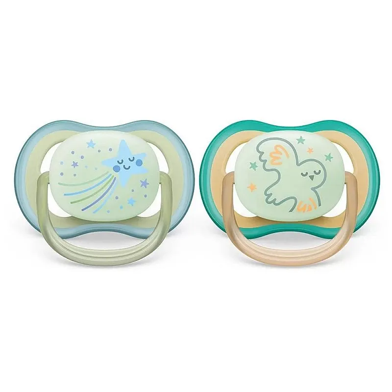 Комплект 2 бр. светещи в тъмното ортодонтични залъгалки Philips Avent SCF0376/18 Ultra Air Night 0-6м с декорация Звезда и Сова, в кутия за стерилизиране и пренасяне