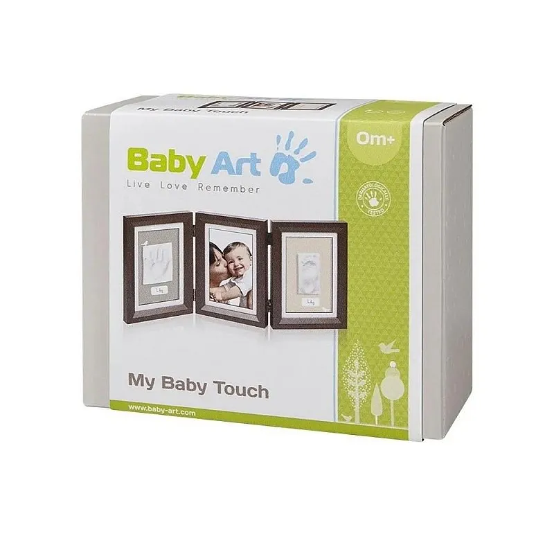 Самостоятелно стояща Дървена фото рамка от 3 части, за 2 отпечатъка и снимка My Baby Touch от серията Timeless Classic на Baby Art, кафява с бяло паспарту