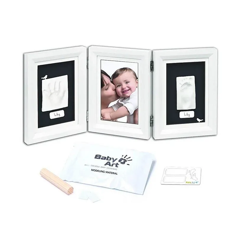 Самостоятелно стояща Дървена фото рамка от 3 части, за 2 отпечатъка и снимка My Baby Touch от серията Timeless Classic на Baby Art, бяла с бяло паспарту