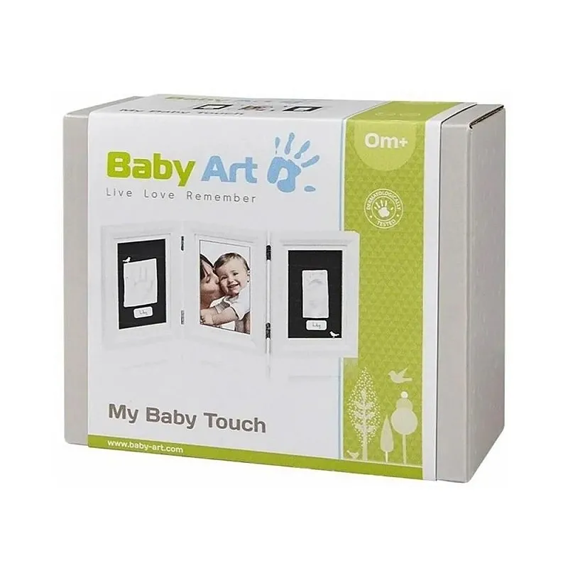 Самостоятелно стояща Дървена фото рамка от 3 части, за 2 отпечатъка и снимка My Baby Touch от серията Timeless Classic на Baby Art, бяла с бяло паспарту