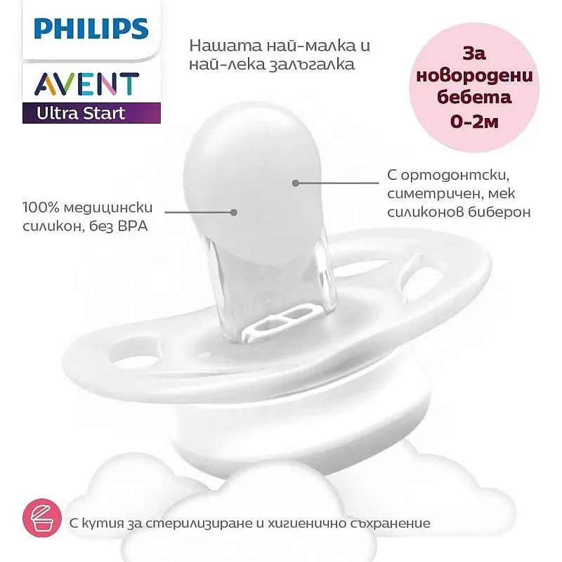 2 бр. светещи в тъмното ортодонтични залъгалки за новородени Philips AVENT SCF075/08 Ultra Start Night 0-2м, в синьо и зелено с декор Sleep, в кутия за стерилизиране