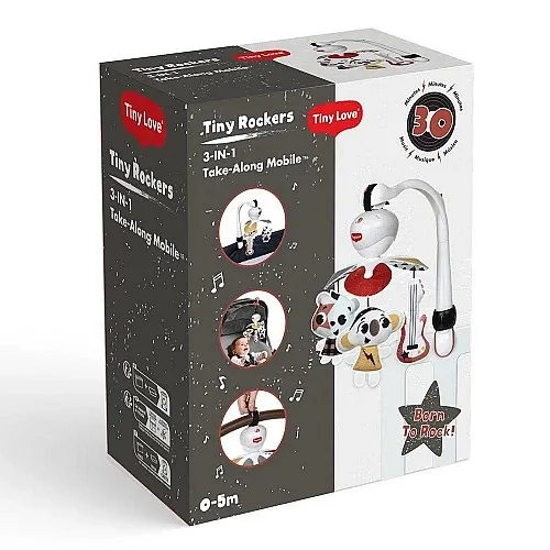 3-в-1 Музикална въртележка TINY LOVE Take-Along Mobile от серията Tiny Rockers, с 3 лесни начина за закачане у дома или в движение, 30 минути музика с 5 рок-енд-рол мелодии, 0м+