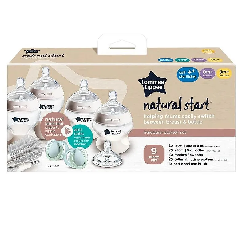 Стартов комплект за хранене на новородено с 4 броя самостерилизиращи се шишета Natural Start + 2 бр. биберони + 2 бр. залъгалки + 2 в 1 четка за почистване на шишета и биберони