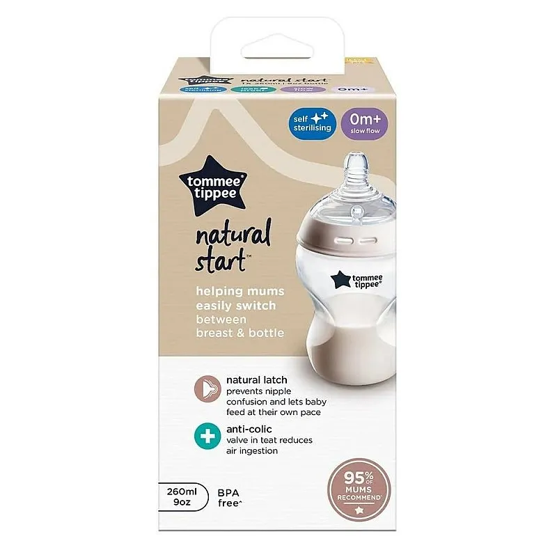 Бебешко шише за хранене Tommee Tippee Natural Start САМОСТЕРИЛИЗИРАЩО, 260 мл, с биберон с бавен поток 0м+ (1 капка)