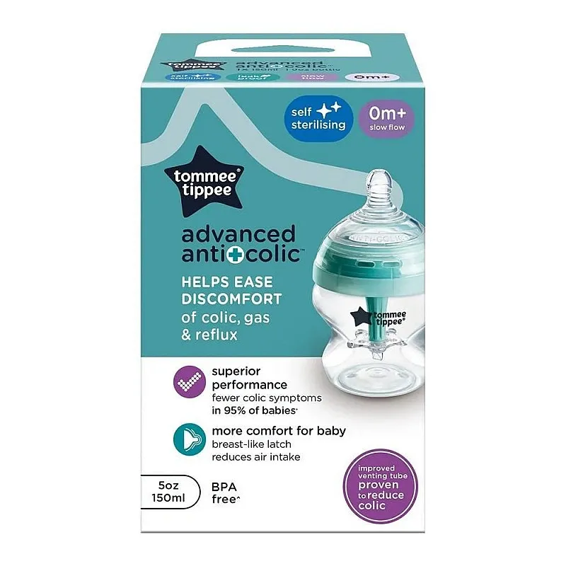 Самостерилизиращо се шише за хранене Tommee Tippee Advanced Anti-Colic+, 150 мл, 0м+, с иновативна система за намаляване на коликите