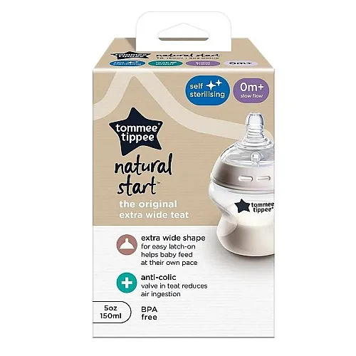Бебешко шише за хранене Tommee Tippee Natural Start САМОСТЕРИЛИЗИРАЩО, 150 мл, с биберон с бавен поток 0м+ (1 капка)