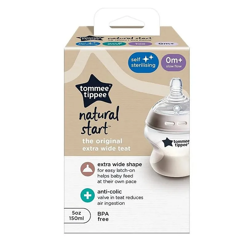 Бебешко шише за хранене Tommee Tippee Natural Start САМОСТЕРИЛИЗИРАЩО, 150 мл, с биберон с бавен поток 0м+ (1 капка)