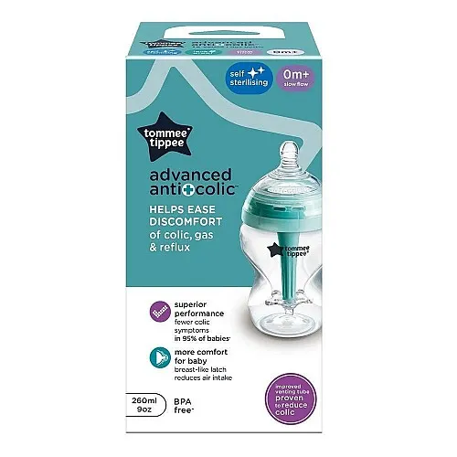 Самостерилизиращо се бебешко шише за хранене Tommee Tippee Advanced Anti-Colic+, 260 мл, 0м+, с иновативна система за намаляване на коликите