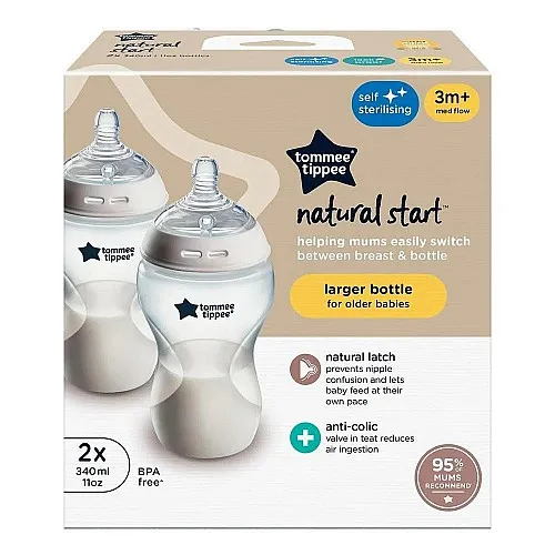 Комплект от 2 броя бебешки шишета за хранене Tommee Tippee Natural Start САМОСТЕРИЛИЗИРАЩО, 340 мл, с биберон със среден поток 3м+