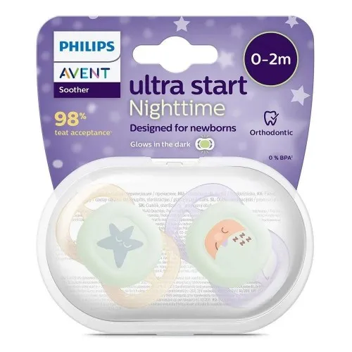 2 бр. светещи в тъмното ортодонтични залъгалки за новородени Philips AVENT SCF075/07 Ultra Start Night 0-2м, в оранжево и лилаво с декор луна и звезди, в кутия за стерилизиране