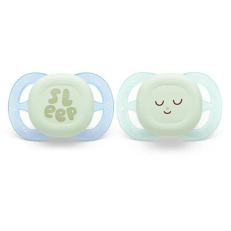 2 бр. светещи в тъмното ортодонтични залъгалки за новородени Philips AVENT SCF075/08 Ultra Start Night 0-2м, в синьо и зелено с декор Sleep, в кутия за стерилизиране