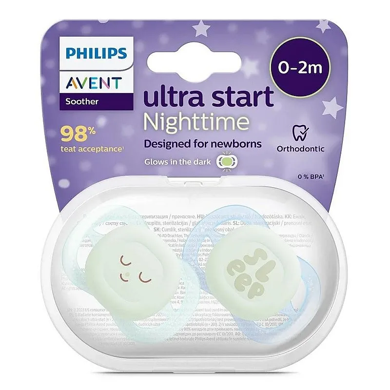 2 бр. светещи в тъмното ортодонтични залъгалки за новородени Philips AVENT SCF075/08 Ultra Start Night 0-2м, в синьо и зелено с декор Sleep, в кутия за стерилизиране