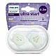 2 бр. светещи в тъмното ортодонтични залъгалки за новородени Philips AVENT SCF075/08 Ultra Start Night 0-2м, в синьо и зелено с декор Sleep, в кутия за стерилизиране