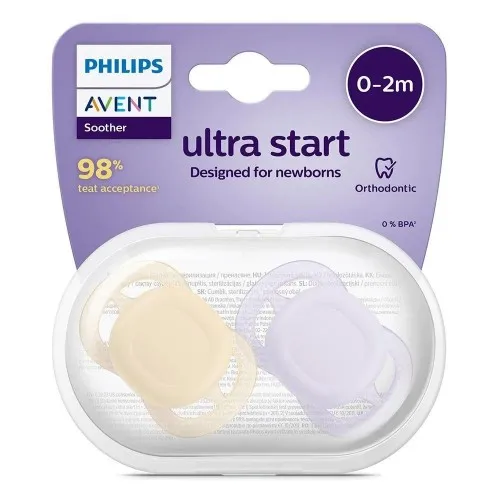 Комплект от 2 бр. ортодонтични залъгалки за новородени Philips AVENT SCF075/01 Ultra Start 0-2м, в оранжево и лилаво, в кутия за стерилизиране