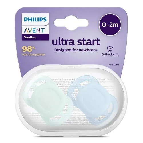 Комплект от 2 бр. ортодонтични залъгалки за новородени Philips AVENT SCF075/02 Ultra Start 0-2м, в синьо и зелено, в кутия за стерилизиране