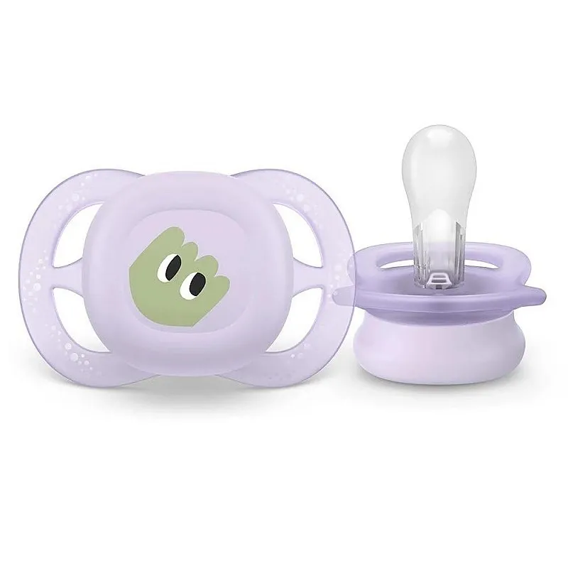 Комплект от 2 бр. ортодонтични залъгалки за новородени Philips AVENT SCF075/03 Ultra Start 0-2м, в оранжево и лилаво със забавен дизайн очички, в кутия за стерилизиране