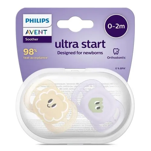  Комплект от 2 бр. ортодонтични залъгалки за новородени Philips AVENT SCF075/03 Ultra Start 0-2м, в оранжево и лилаво със забавен дизайн очички, в кутия за стерилизиране