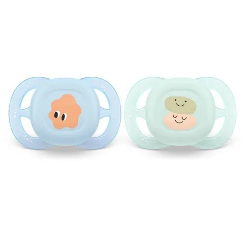 Комплект от 2 бр. ортодонтични залъгалки за новородени Philips AVENT SCF075/04 Ultra Start 0-2м, в синьо и зелено със забавен декор, в кутия за стерилизиране
