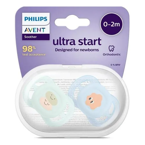 Комплект от 2 бр. ортодонтични залъгалки за новородени Philips AVENT SCF075/04 Ultra Start 0-2м, в синьо и зелено със забавен декор, в кутия за стерилизиране