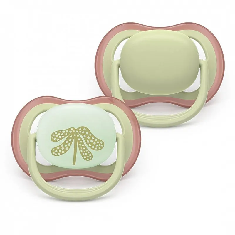 2 броя ортодонтски силиконови залъгалки Philips AVENT SCF087/18 Ultra Air Day and Night, 6-18м, пастелни цветове, унисекс, в кутия за стерилизиране
