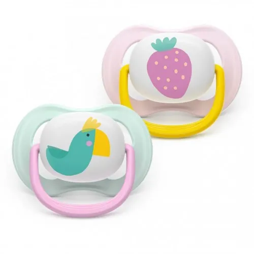 2 броя ортодонтски силиконови залъгалки Philips AVENT SCF080/24 Ultra Air Happy, 0-6м, с декорация в розово, в кутия за стерилизиране