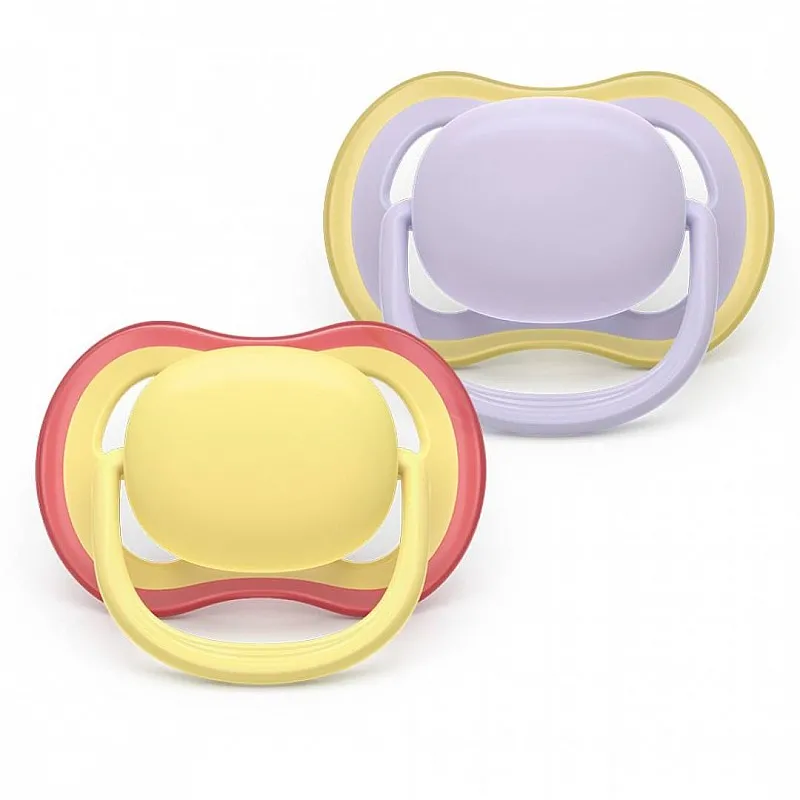 2 броя ортодонтски силиконови залъгалки Philips AVENT SCF087/03 Ultra Air, 0-6м, пастелни едноцветни, в кутия за стерилизиране