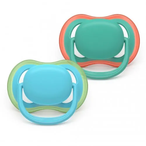 2 броя ортодонтски силиконови залъгалки Philips AVENT SCF087/10 Ultra Air, 6-18м, едноцветни, в кутия за стерилизиране