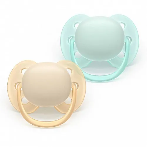 Комплект от 2 броя ортодонтични силиконови залъгалки Philips AVENT Ultra Soft SCF091/40, в кутия за стерилизиране, plant-based