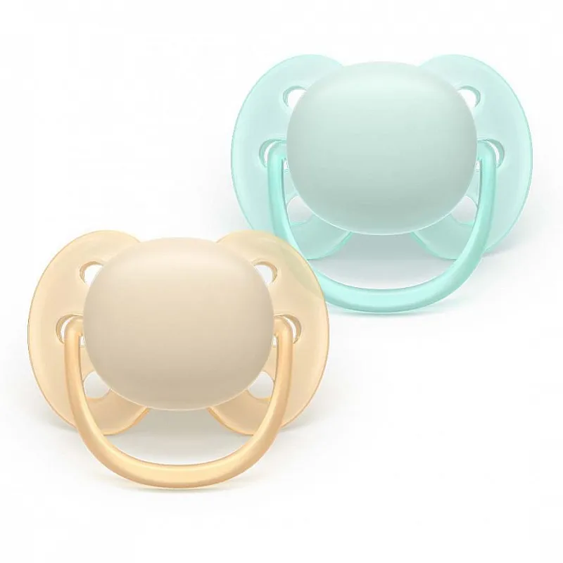 Комплект от 2 броя ортодонтични силиконови залъгалки Philips AVENT Ultra Soft SCF091/40, в кутия за стерилизиране, plant-based