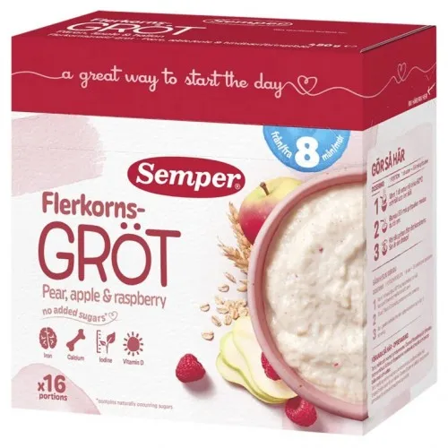 Semper Многозърнеста каша круша, ябълка и малина 8м. 480г