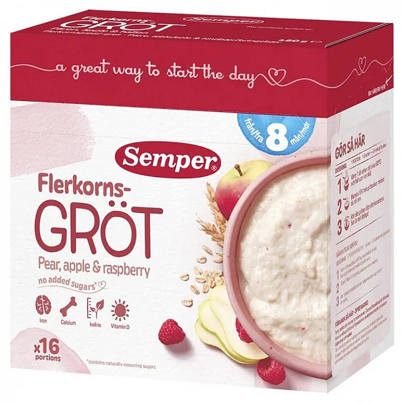 Semper Многозърнеста каша круша, ябълка и малина 8м. 480г