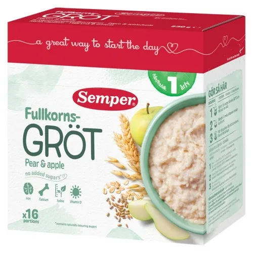 Semper Пълнозърнеста каша круша и ябълка 12м 530г