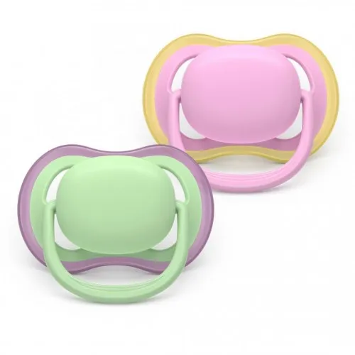 2 броя ортодонтски силиконови залъгалки Philips AVENT SCF087/12 Ultra Air, 6-18м, едноцветни, в кутия за стерилизиране