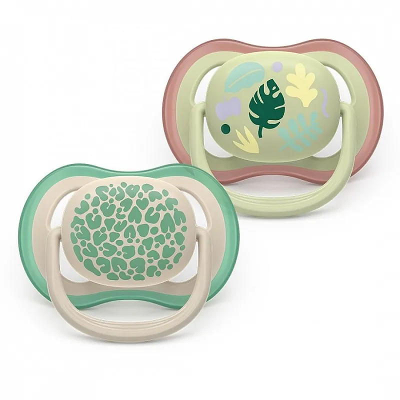2 броя ортодонтски силиконови залъгалки Philips AVENT SCF087/17 Ultra Air Colors of Nature, 6-18м, пастелни цветове с картинки, унисекс, в кутия за стерилизиране